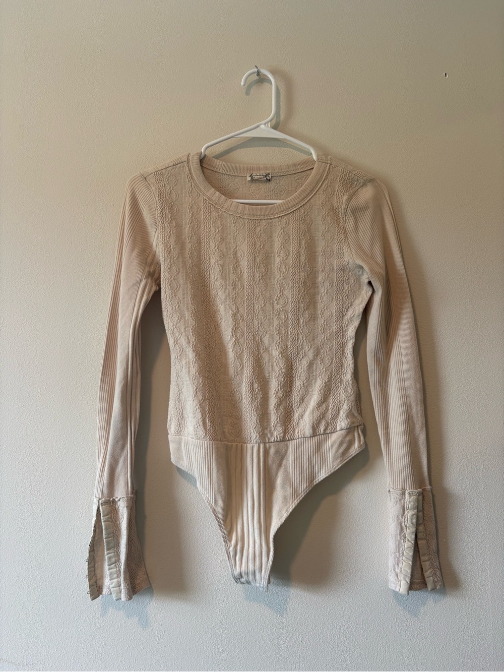 Free People Cream Ribbed Lace-Front Long Sleeve Bodysuit